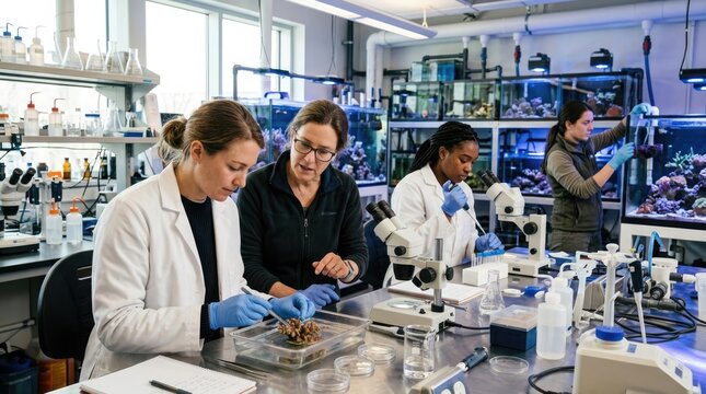 A diverse group of scientists work together on important research inside a bright modern laboratory setting with advanced equipment