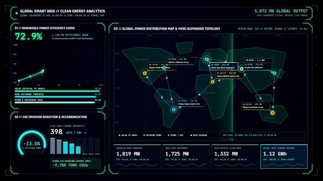 Smart Grid Clean Energy Analytics HUD Interface and Data Visualization