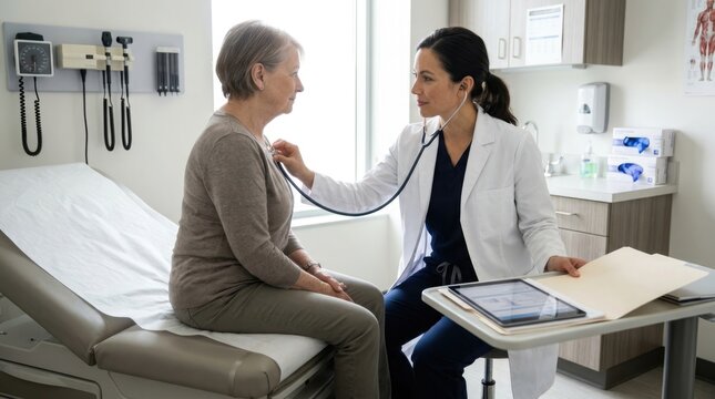 A healthcare professional carefully listens to an older adult patient s heartbeat with a stethoscope in a clean modern clinic