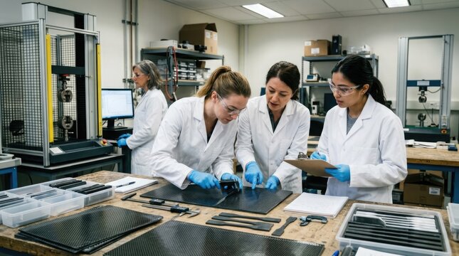 A diverse group of researchers and scientists work together on important scientific research inside a well equipped modern laboratory