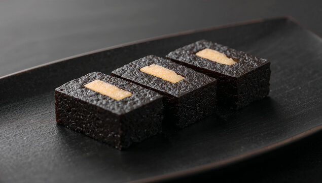 淡い色の芯が見える黒い四角の菓子を三つ並べた皿