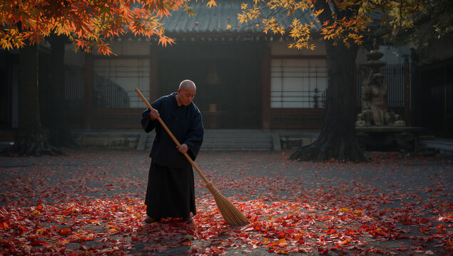 紅葉の寺院の庭で竹箒を使って落ち葉を掃く人