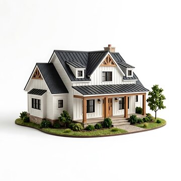Modern two-story house with brown roof and porch isolated on white background