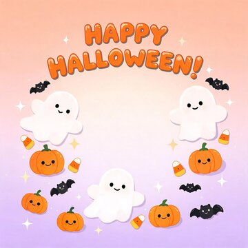 Cute Halloween Greeting Card with Friendly Ghosts Smiling Pumpkins and Pastel Stars