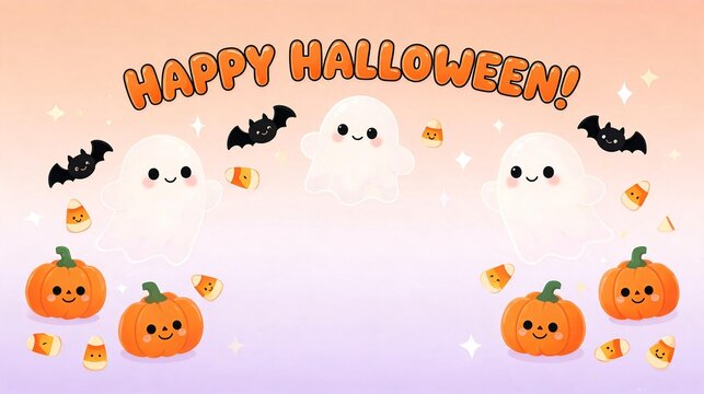 Cute Halloween Greeting Card with Friendly Ghosts Smiling Pumpkins and Pastel Stars