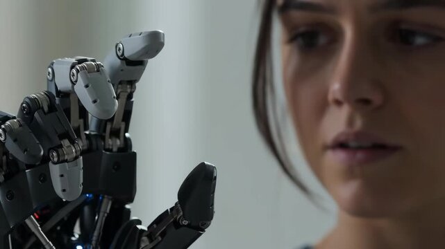 Woman with robotic prosthetic bionic hand close up