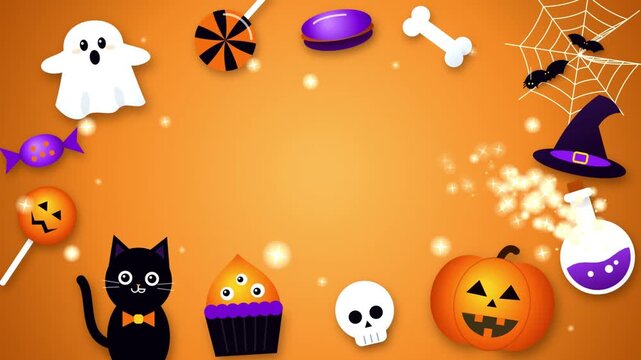 Halloween Animation Background with Cute Cartoon Characters and Copy Space