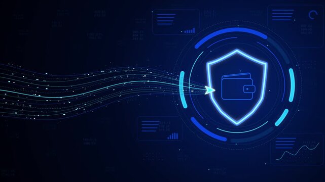 Futuristic digital wallet icon inside a glowing security shield with incoming data streams and financial interface graphics. Concept of secure payments, cybersecurity and financial data protection.