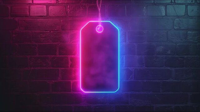 Blank neon glowing sale tag sign on dark brick wall cyberpunk background copy space
