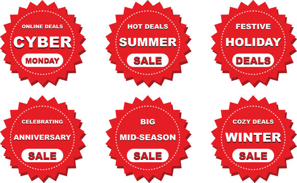 Red sale badge sticker vector set. Features promotional labels for Cyber Monday, Summer, and Winter. Promotional retail graphics for e-commerce marketing campaigns and seasonal discounts.