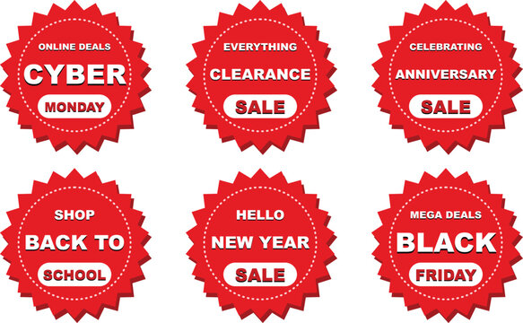 Sale sticker badge vector set. Includes red starburst labels for Cyber Monday, Clearance, Anniversary, Back to School, New Year, and Black Friday promotions. Commercial discount tags.