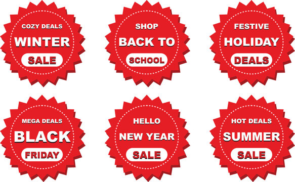 Red sale badge sticker vector set. Features promotional labels for winter, back to school, holiday, black friday, new year, and summer events. Bright retail graphics for commercial campaigns.