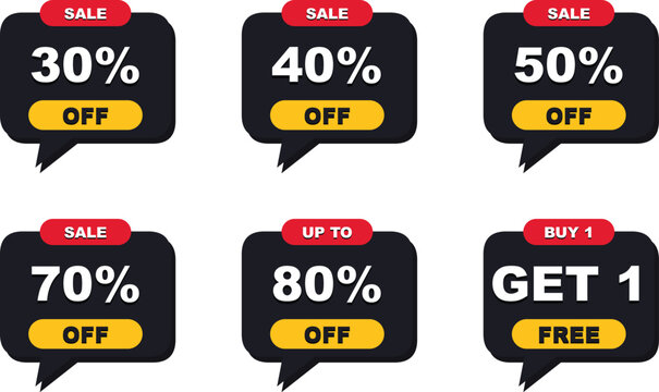 Sale tag and discount label vector set. Includes percent off symbols for 30, 40, 50, 70, 80 percent, and buy one get one free. Flat design graphics for retail shopping promotions and events.