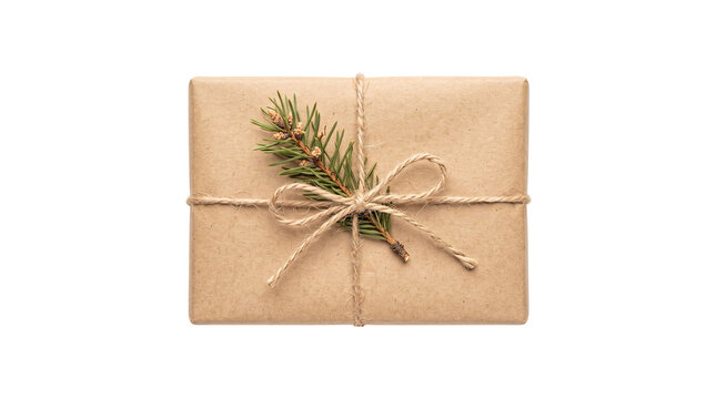 Rustic Christmas gift box in brown kraft paper, minimalist holiday parcel with twine bow and fir branch, eco-friendly gift packaging
