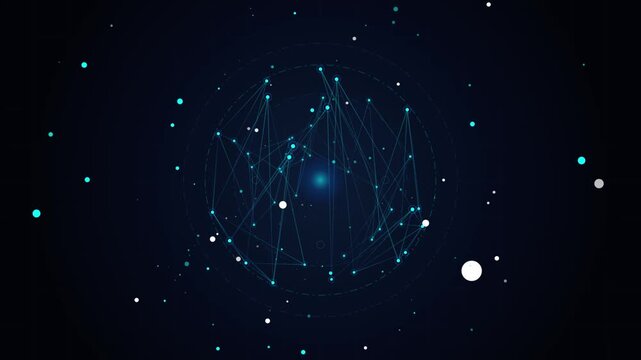 Dark blue abstract network background, glowing particle connections, digital data visualization sphere, seamless technology loop