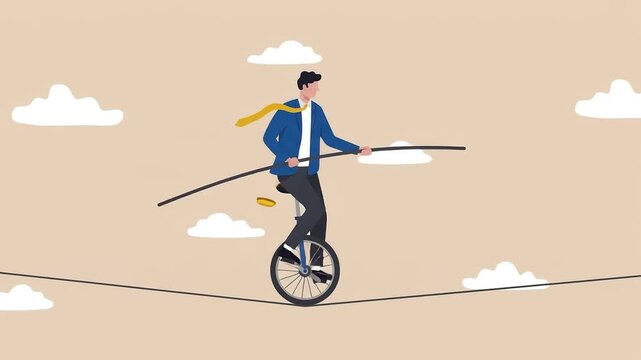 Businessman riding a unicycle on a tightrope, flat vector illustration animation for business risk