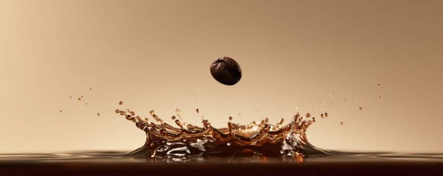 A coffee bean splashes into a pool of liquid, creating dynamic droplets and ripples against a warm, beige background.