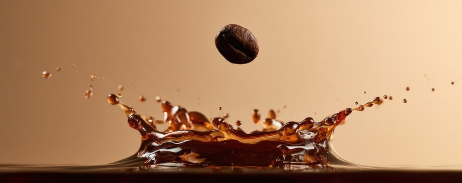 A coffee bean splashes into a pool of coffee, creating dynamic droplets and ripples on a smooth surface with a warm brown background.