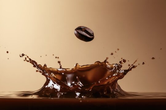 A coffee bean splashes into dark liquid, creating dynamic droplets and ripples on a smooth brown surface.
