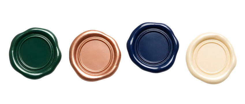 A row of four elegant wax seals in green copper blue and cream shades. Features glossy textures and irregular realistic edges. Perfect for wedding invitations and luxury branding projects.