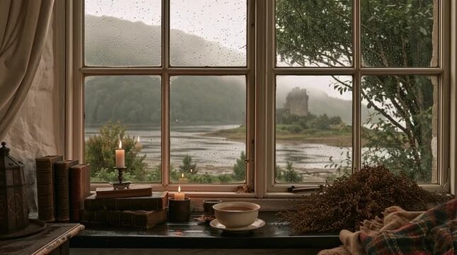 Historic stone castle beside a winding river, framed by a sunlit window with soft curtains, scenic countryside view, vintage interior and peaceful travel mood.