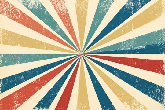 A vintage-style radial burst pattern with alternating red, blue, beige, and teal rays converging at the center, featuring a distressed, textured effect.