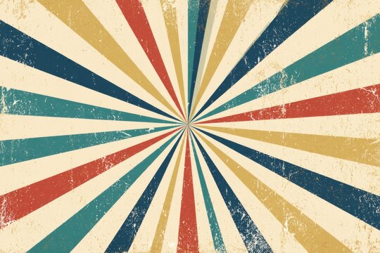 Retro-style radial burst with alternating muted colors radiating from the center on a textured vintage background.