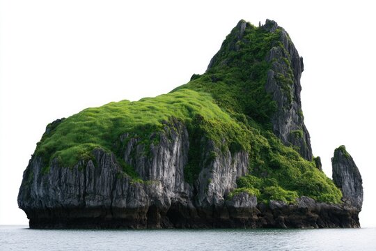 A rocky island covered with lush green vegetation rises steeply from calm ocean waters against a white background.