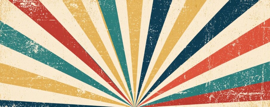 A vintage-style sunburst pattern with red, teal, beige, and blue rays converging at the center on a textured, distressed background.