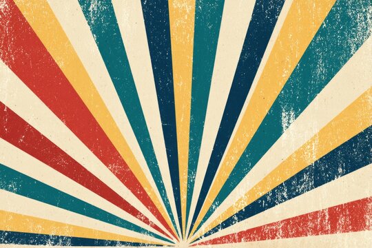 Retro-style image with radiating, distressed stripes in red, teal, navy, yellow, and white colors forming a vintage sunburst pattern.