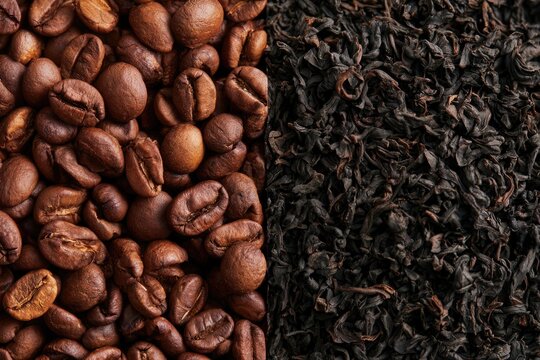 Close-up of roasted coffee beans on the left and dried black tea leaves on the right, showcasing two popular beverage ingredients.