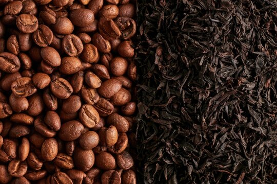 Close-up image showing roasted coffee beans on the left and dried black tea leaves on the right, highlighting their texture and color contrast.
