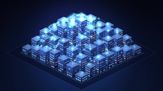 Abstract isometric city skyline with glowing lights representing smart technology and digital connectivity.