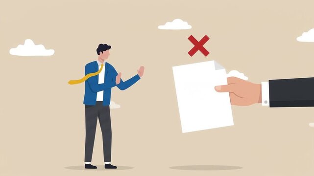 Businessman standing with yellow tie blowing in wind, 2D flat vector animation on beige background