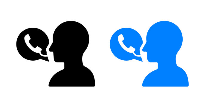 Customer support service icons with human head and telephone handset inside speech bubble graphic