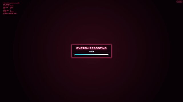 Futuristic anime sci-fi cyberpunk HUD terminal with neon pink glowing borders, physical body sync diagnostics, animated system rebooting progress bar,.