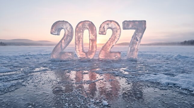 Frozen ice sculpture of happy new year 2027 with winter landscape and sunset background