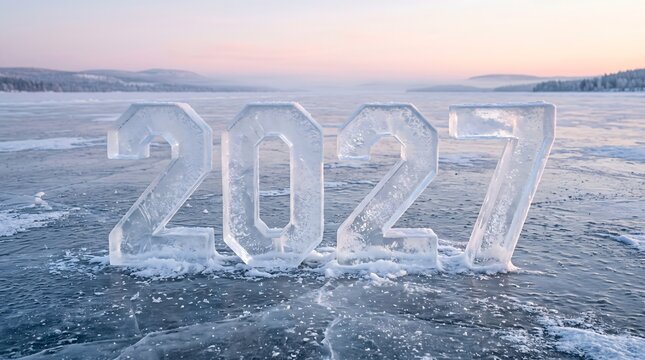Frozen new year 2027 ice sculpture on a winter lake with a pastel sky and snow