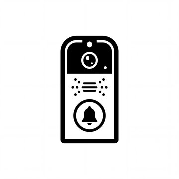 A black and white icon representing a modern smart doorbell with a camera and notification bell.
