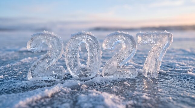 Frozen numbers spelling two thousand twenty seven on icy surface happy new year 2027 celebration