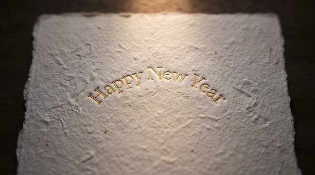Golden embossed lettering reading happy new year on textured paper celebratory new year greeting card design