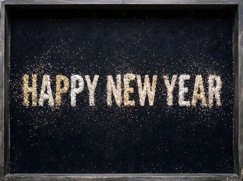 Glittering happy new year 2027 text on a black chalkboard with a wooden frame