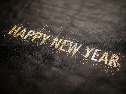 Golden glitter happy new year 2027 text on black leather background celebratory new year greeting