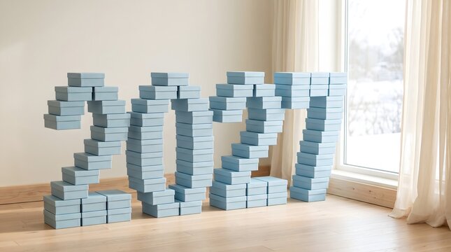 Happy new year 2027 constructed from light blue gift boxes in a bright interior setting