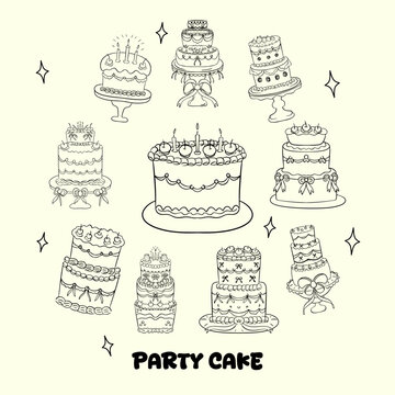 Birthday cake doodle vector set, cute celebration cakes coloring page for kids and adults, hand drawn party dessert outline icons collection