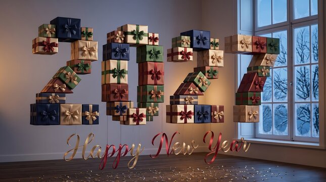 Happy new year 2027 formed from gift boxes in a cozy interior setting