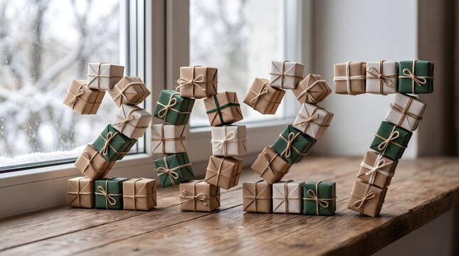 Happy new year 2027 spelled with gift boxes on a windowsill festive celebration