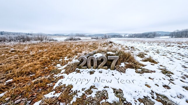 Happy new year 2027 written in snow with winter landscape and frosted field