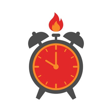 Alarm clock with a fire flame symbol on top indicating urgent timing dark grey time limit deadline countdown