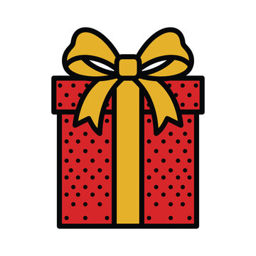 Gift box wrapped in red paper with polka dots and a golden ribbon bow, present birthday holiday season